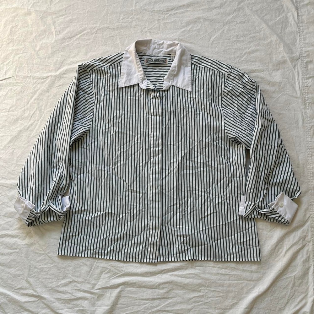 Joan Harper Button Down Shirt Womens 16 Green White Stripe Banker Collar